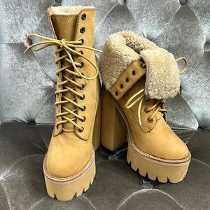 Jeffrey Campbell Havana Last Lug platform heeled shearling platform camel boots
